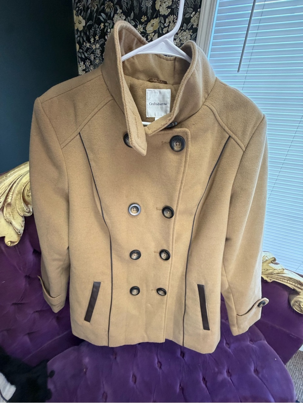 croft & barrow Camel Double-Breasted Peacoat with Contrast Trim